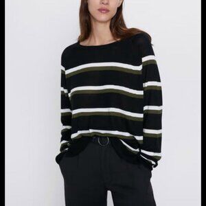 Zara Women's Size M Black/White/Olive Stripes Light Sweater